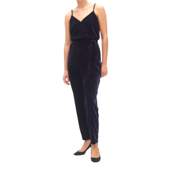 Gap Faux Wrap Velvet Jumpsuit Midnight Navy Blue Size M Tall Holiday Party Boho - Picture 1 of 16